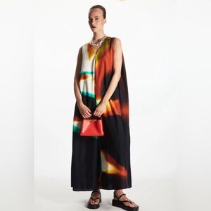 COS Lea Colombo Dress Size 10 Womens Black Print Maxi Oversized Silk Blend RARE